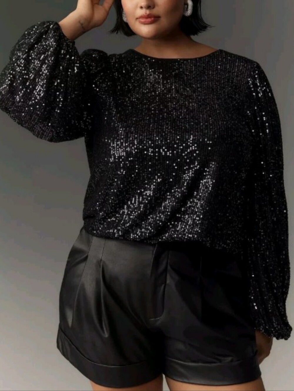 Anthropologie Flat White Black Sequin Balloon Sleeve Blouse